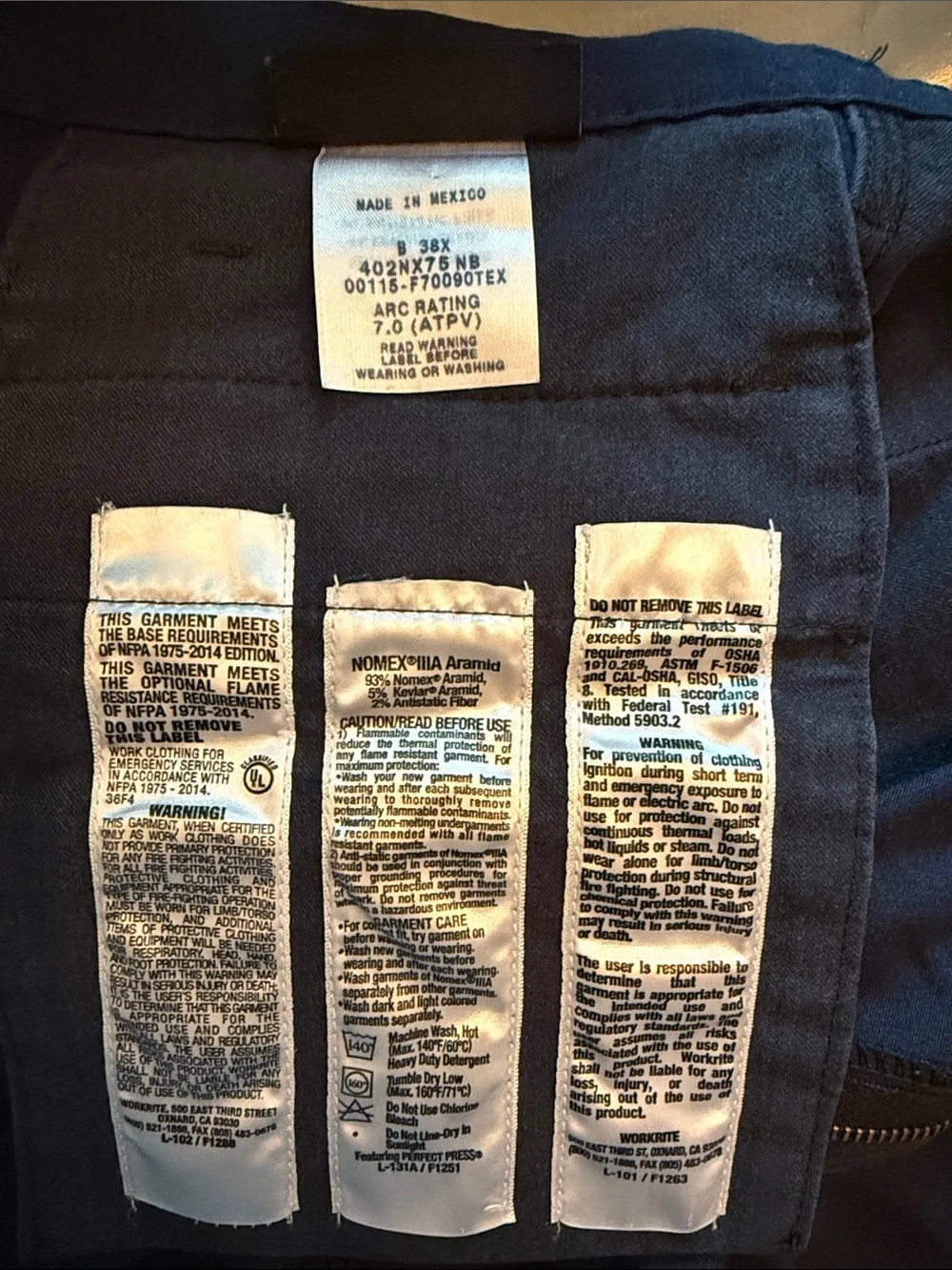 Workrite FR Nomex IIIA Men's Navy work Pants - Classic Straight Fit 38x29.5”